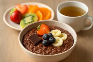 Comida fitness simples com cacau ou chocolate amargo